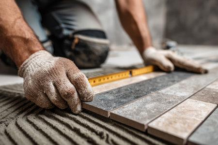 Close-up of a construction worker placing ceramic tiles on a floor using gloves and tools, representing renovation, precision, and craftsmanship.の素材