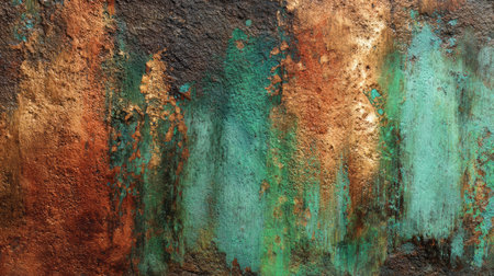 Close-up of a weathered copper surface featuring rain-streaked malachite trails, scratches, scuffs, and warm reflective metallic glints.の素材