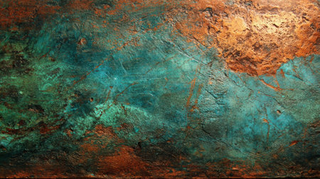 Close-up of a weathered copper surface featuring rain-streaked malachite trails, scratches, scuffs, and warm reflective metallic glints.の素材