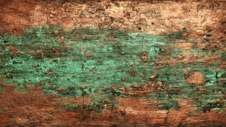 Close-up of a weathered copper surface featuring rain-streaked malachite trails, scratches, scuffs, and warm reflective metallic glints.の素材