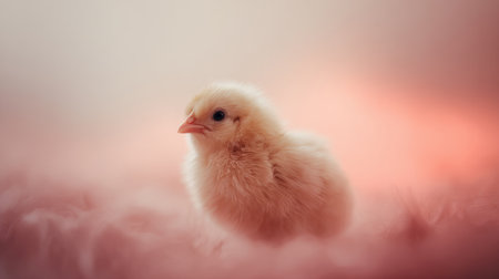 adorable newborn chick resting among soft pink feathers, warm pastel tonesの素材