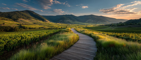 Curving wooden boardwalk winds through vibrant green vineyard surrounded by rolling hills and forest under a dramatic evening sky.の素材