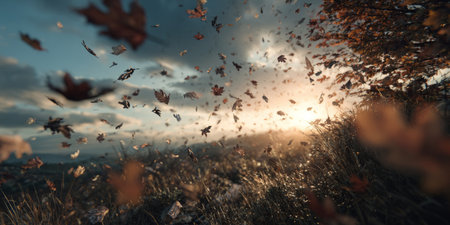 Golden autumn leaves spiral in the air, framing a glowing sunset over a peaceful field with distant treesの素材
