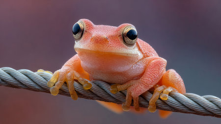 frog gripping a braided cable, with soft green bokeh background and detailed eyes and textured skin.の素材