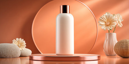 Matte nude spray bottle with metallic pump stands on a pink pedestal against a sunlit orange backdropの素材