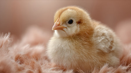 adorable newborn chick resting among soft pink feathers, warm pastel tonesの素材