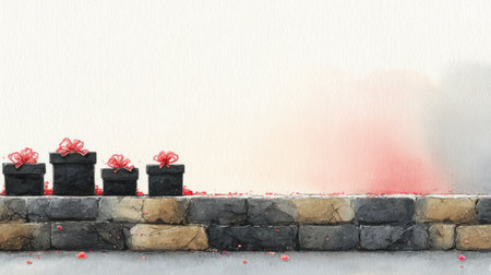 Minimal luxury holiday background with matte black presents, red bows and falling confetti on concrete stage, wide white copy space for promotions.の素材