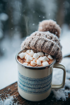 Hot Chocolate with Marshmallows in Winter Mug. Generative AIの素材
