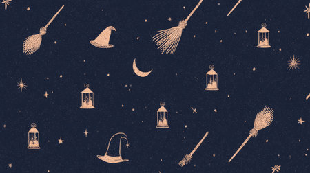Whimsical Halloween pattern featuring flying brooms, glowing lanterns, witch hat, stars, and moons on a dark starry night background.の素材