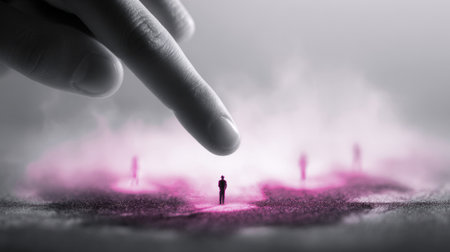 A massive hand reaches toward a lone person standing in a glowing pink field, symbolizing control, power, or decision-making.の素材