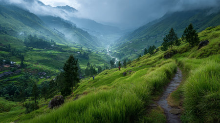 winding stone path cuts through vibrant green rice terraces nestled in misty mountain hills, under a cloudy, dramatic sky.の素材