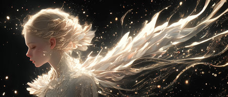 Ethereal fantasy portrait of a woman in side view, luminous white hair streaming like feathers over a dark background with golden sparkles.の素材