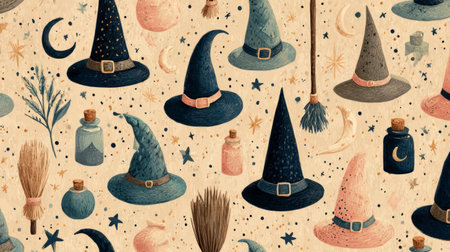 Playful magical pattern featuring witch hats, flying brooms, potion bottles, herbs, stars, and crescent moons on a textured beige background.の素材