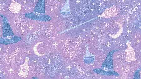 Playful magical pattern featuring witch hats, flying brooms, potion bottles, herbs, stars, and crescent moons on a textured beige background.の素材