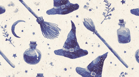 Playful magical pattern featuring witch hats, flying brooms, potion bottles, herbs, stars, and crescent moons on a textured beige background.の素材