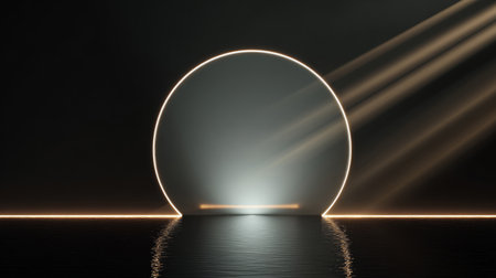 Dreamlike seascape featuring a glowing arc of light over calm ocean waters at sunset, surrounded by dramatic clouds and serene reflections.の素材