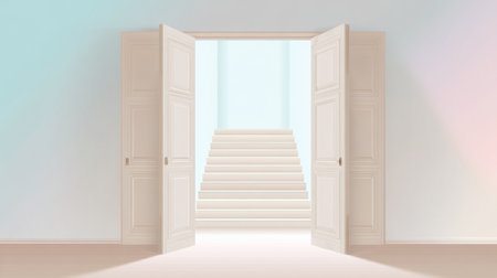 Minimalist home interior featuring open white French doors leading to a sunlit wooden staircase with natural light and clean design.の素材