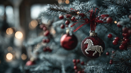 Close-up of a red glittery Christmas ornament featuring a silver horse, hanging on a decorated tree with festive lights.の素材