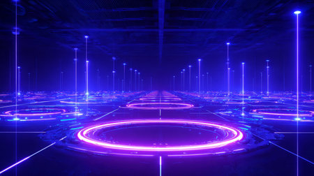 A circular futuristic chamber lit by vertical white beams and scattered glowing particles, resembling a portal or alien gateway.の素材