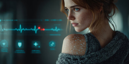 Sporty young woman in workout clothes standing near a digital holographic display showing futuristic health and biometric monitoring data.の素材