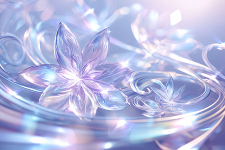 Fantasy artwork of a delicate crystal flower with translucent glowing petals, reflecting soft light in dreamy pastel shades.の素材