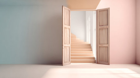 Minimalist home interior featuring open white French doors leading to a sunlit wooden staircase with natural light and clean design.の素材