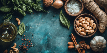 Rustic arrangement of garlic bulbs, red chili peppers, and wooden spoons filled with peppercorns, sesame seeds, and paprika on dark stone.の素材