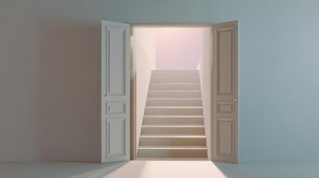 Minimalist home interior featuring open white French doors leading to a sunlit wooden staircase with natural light and clean design.の素材