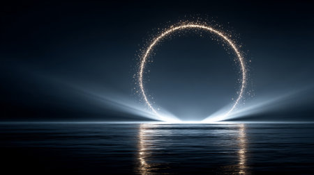 Abstract dark eclipse scene with a glowing digital halo and radiant light beams reflecting over calm water, evoking sci-fi and cosmic themes.の素材