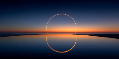 Dreamlike seascape featuring a glowing arc of light over calm ocean waters at sunset, surrounded by dramatic clouds and serene reflections.の素材