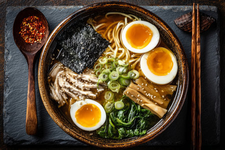 Flat lay of traditional ramen ingredients including fresh noodles, soft-boiled eggs, green onions, seaweed, sesame seeds, and bamboo mat on slate board.の素材