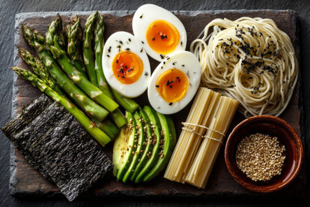 Flat lay of traditional ramen ingredients including fresh noodles, soft-boiled eggs, green onions, seaweed, sesame seeds, and bamboo mat on slate board.の素材