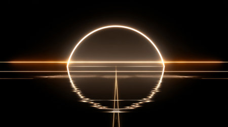 Dreamlike seascape featuring a glowing arc of light over calm ocean waters at sunset, surrounded by dramatic clouds and serene reflections.の素材