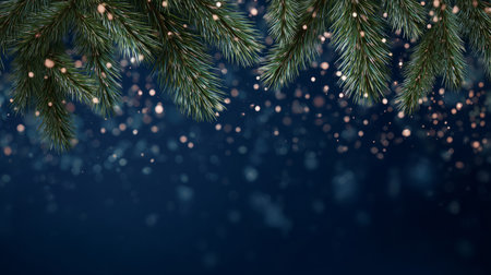 Moody close-up of blue spruce needles with sparkling snow and bokeh, ideal for winter backgrounds, holiday headers, and festive branding.の素材