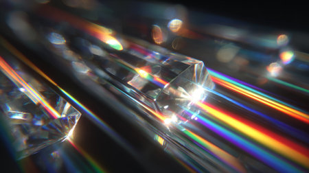 Abstract close-up of bright light refracting through glass, splitting into rainbow colors and vivid spectrum beams against a dark background.の素材