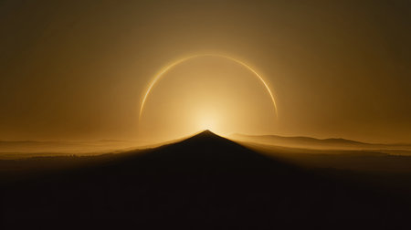 glowing golden sunrise eclipse rising behind a sharp snowy mountain peak in a vast frozen desert.の素材