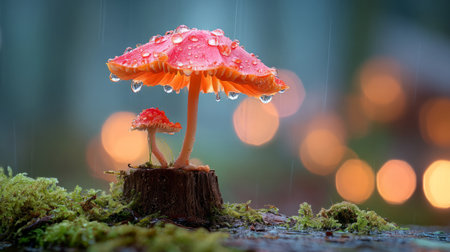vibrant red mushrooms growing on mossy wood, covered in raindrops with glowing bokeh lights in the soft background.の素材
