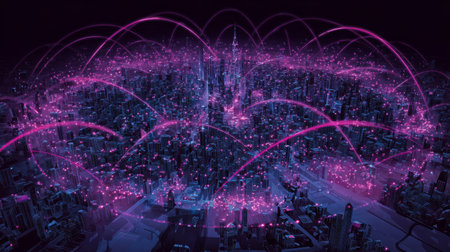 Futuristic cityscape at dusk with pink glowing arcs representing wireless data flow, smart infrastructure, and global digital communication.の素材
