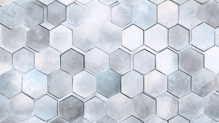 Abstract background of interlocking metallic hexagons with brushed steel surfaces, creating a futuristic geometric industrial design.の素材