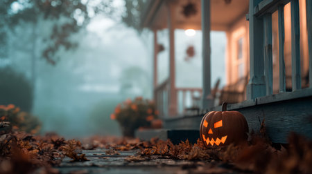 pumpkin sits on a wooden porch surrounded by autumn leaves, creating a spooky seasonal Halloween atmosphere.の素材
