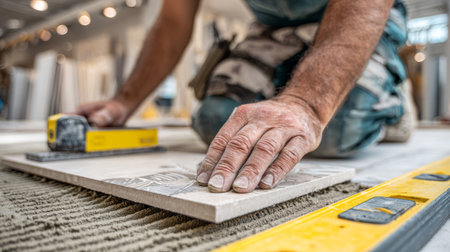 Close-up of a construction worker placing ceramic tiles on a floor using gloves and tools, representing renovation, precision, and craftsmanship.の素材