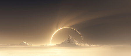 glowing golden sunrise eclipse rising behind a sharp snowy mountain peak in a vast frozen desert.の素材
