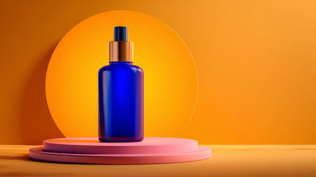 Vibrant product mockup featuring a sleek blue cosmetic bottle with golden cap, standing on pink pedestal against bold orange backdrop.の素材