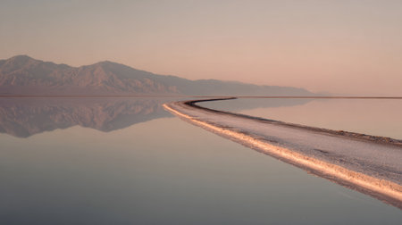 stone path stretches into a calm reflective lake under a pink and purple sunset sky, with mountains in distance.の素材