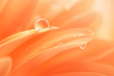 Close-up macro shot of vibrant orange flower petals with crystal-clear water droplets, glowing in soft warm natural light.の素材