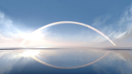 Dreamlike seascape featuring a glowing arc of light over calm ocean waters at sunset, surrounded by dramatic clouds and serene reflections.の素材