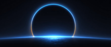 Minimal abstract scene with a glowing neon blue semicircle rising above a calm water surface, creating a sci-fi or digital sunrise effect.の素材