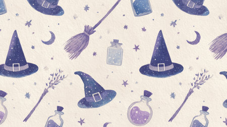 Playful magical pattern featuring witch hats, flying brooms, potion bottles, herbs, stars, and crescent moons on a textured beige background.の素材