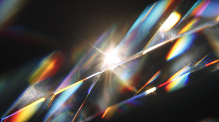 Abstract close-up of bright light refracting through glass, splitting into rainbow colors and vivid spectrum beams against a dark background.の素材