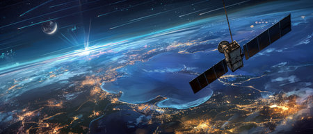 satellite in orbit above Earth, showing illuminated city lights, continents, and distant planets in space.の素材